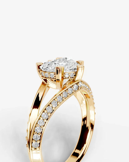Heart Cut Lab Diamond Engagement Ring with fancy split shank pave band and hidden halo| D VS1