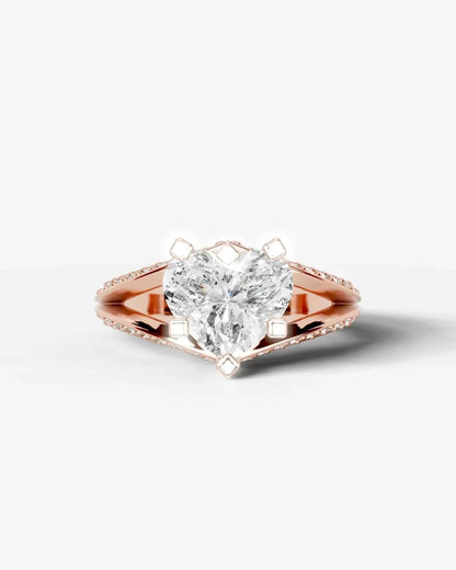 Heart Cut Lab Diamond Engagement Ring with fancy split shank pave band and hidden halo| D VS1