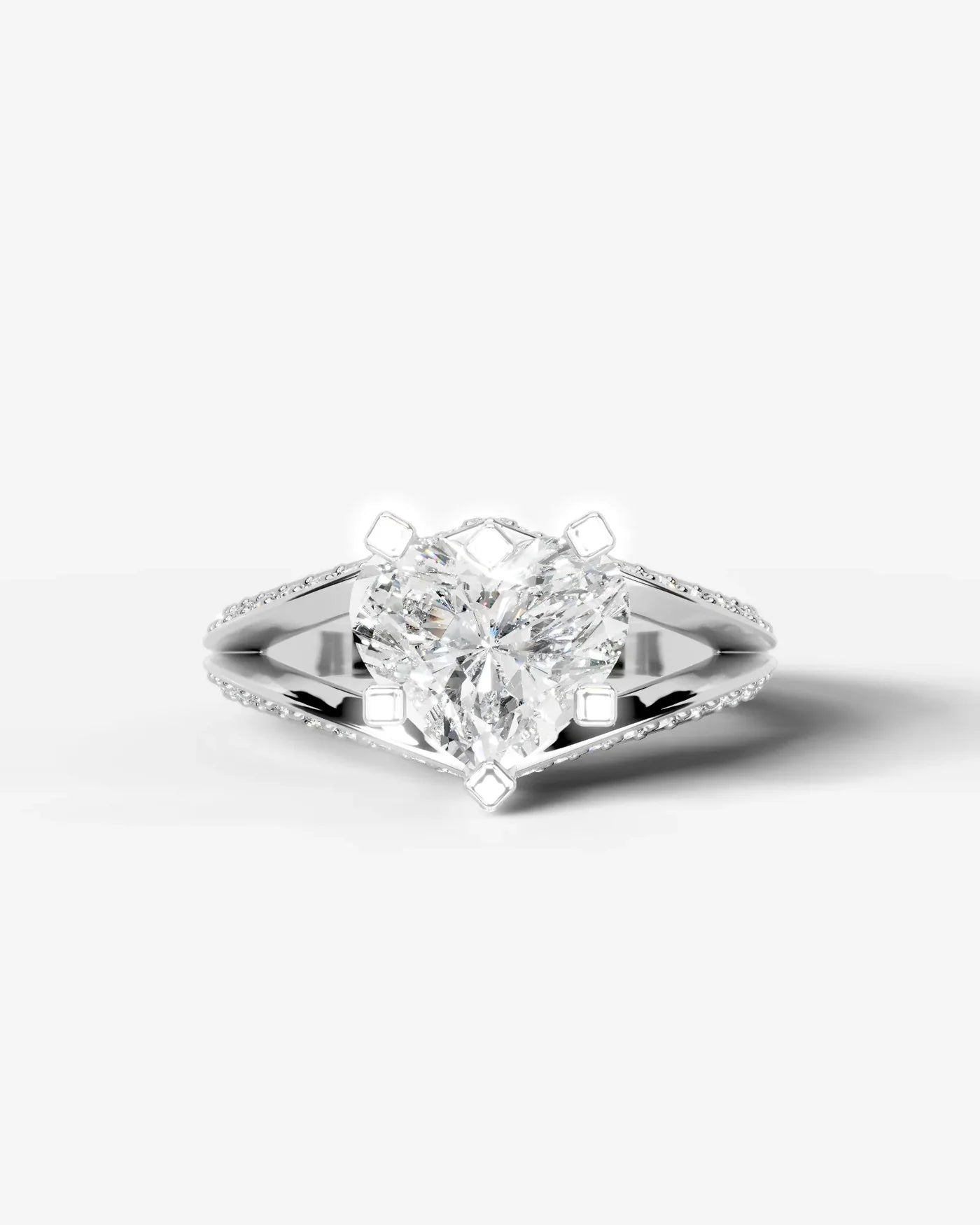 Heart Cut Lab Diamond Engagement Ring with fancy split shank pave band and hidden halo| D VS1