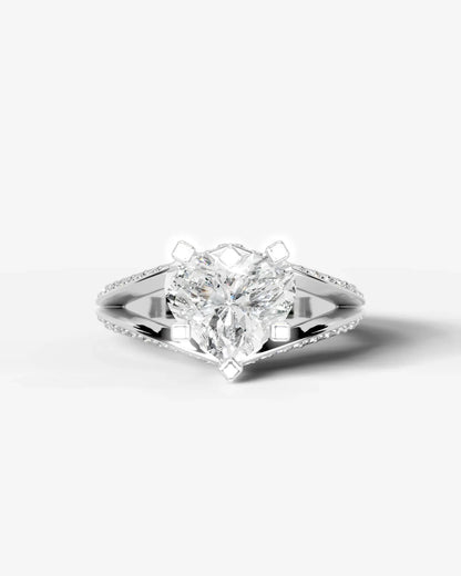 Heart Cut Lab Diamond Engagement Ring with fancy split shank pave band and hidden halo| D VS1