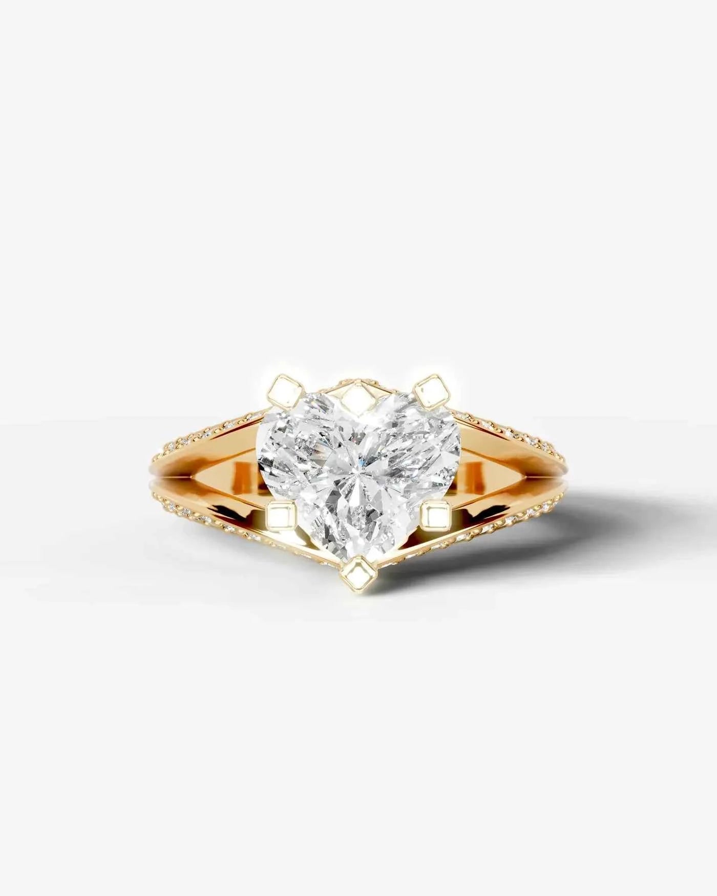 Heart Cut Lab Diamond Engagement Ring with fancy split shank pave band and hidden halo| D VS1