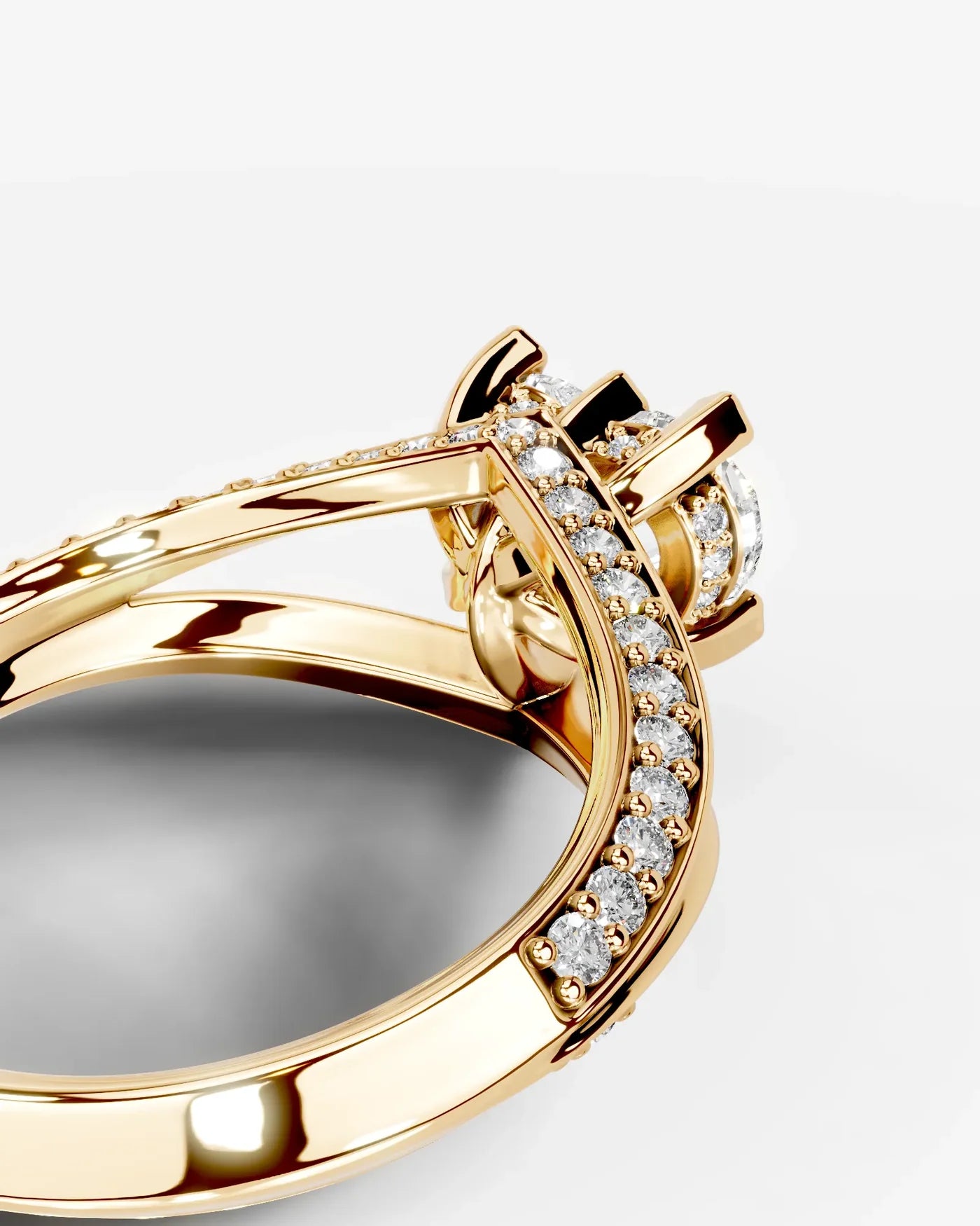 Heart Cut Lab Diamond Engagement Ring with fancy split shank pave band and hidden halo| D VS1