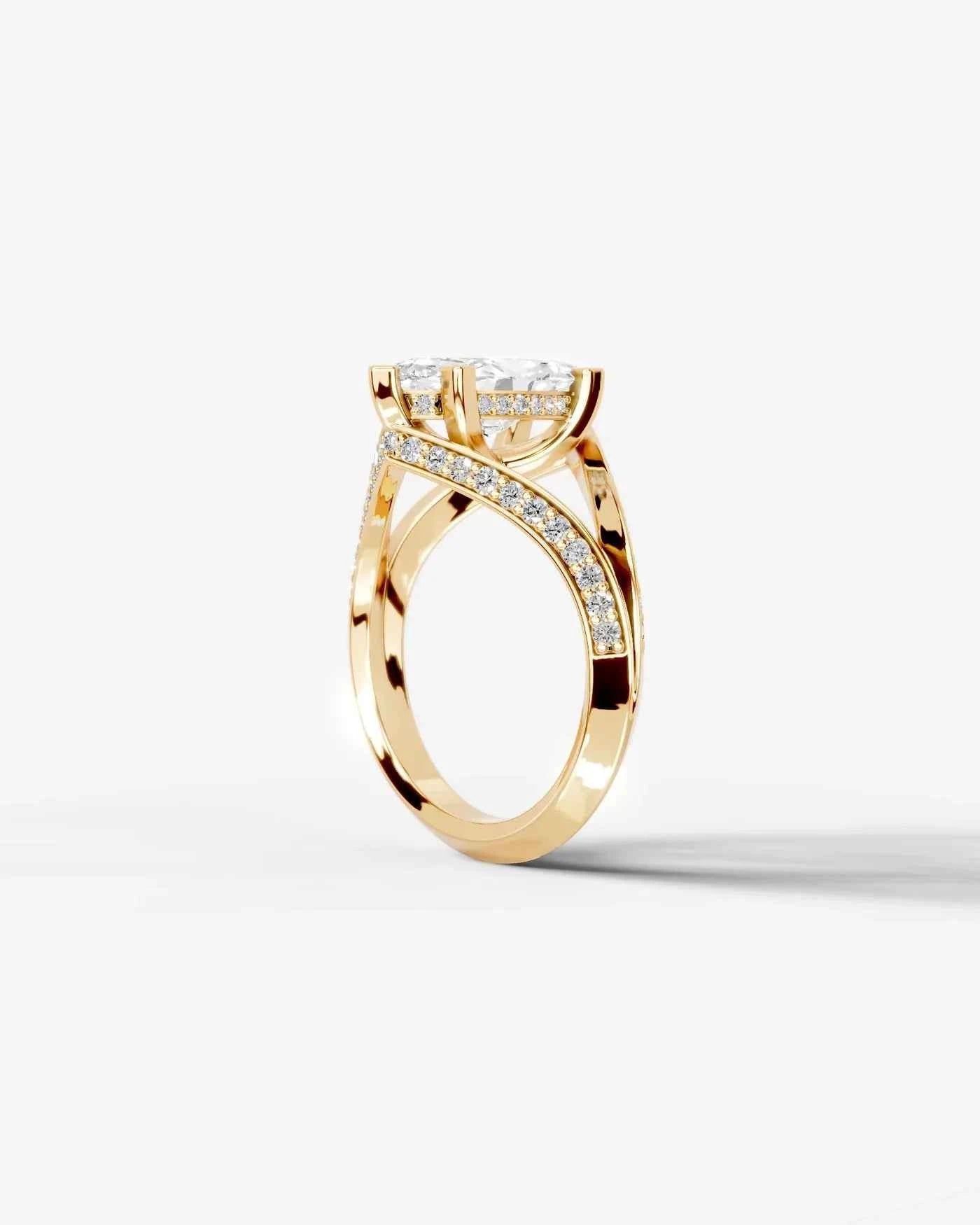 Marquise Cut Lab Diamond Engagement Ring with fancy split shank pave band and hidden halo| D VS1