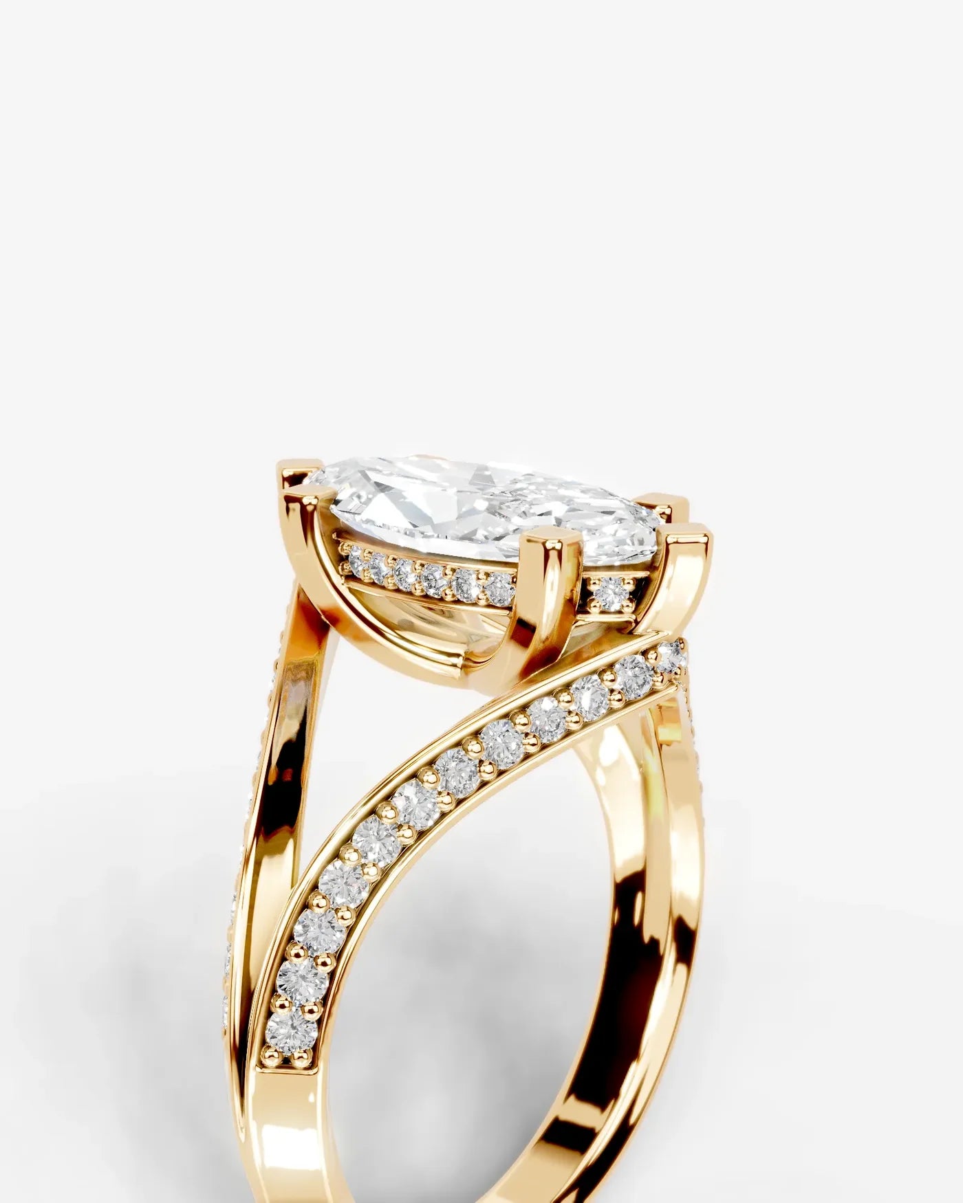 Marquise Cut Lab Diamond Engagement Ring with fancy split shank pave band and hidden halo| D VS1