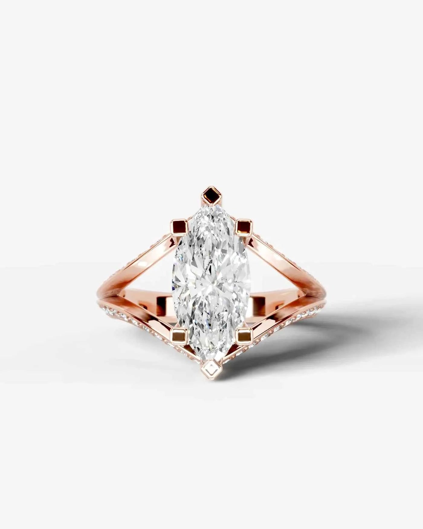 Marquise Cut Lab Diamond Engagement Ring with fancy split shank pave band and hidden halo| D VS1