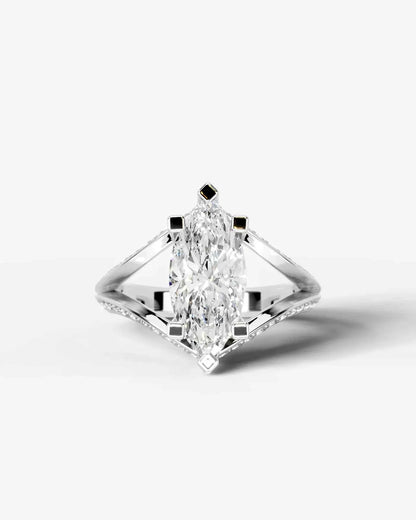 Marquise Cut Lab Diamond Engagement Ring with fancy split shank pave band and hidden halo| D VS1
