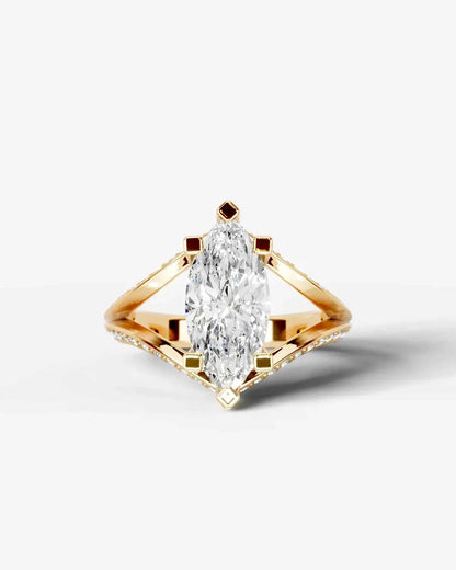 Marquise Cut Lab Diamond Engagement Ring with fancy split shank pave band and hidden halo| D VS1