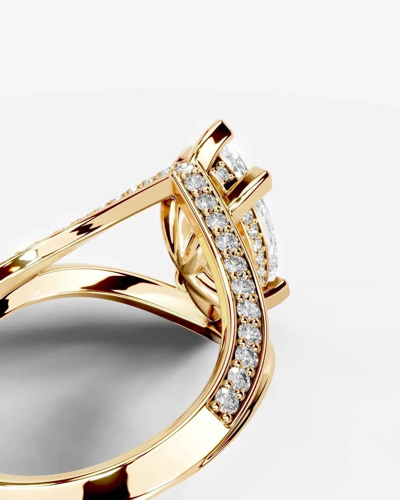 Marquise Cut Lab Diamond Engagement Ring with fancy split shank pave band and hidden halo| D VS1