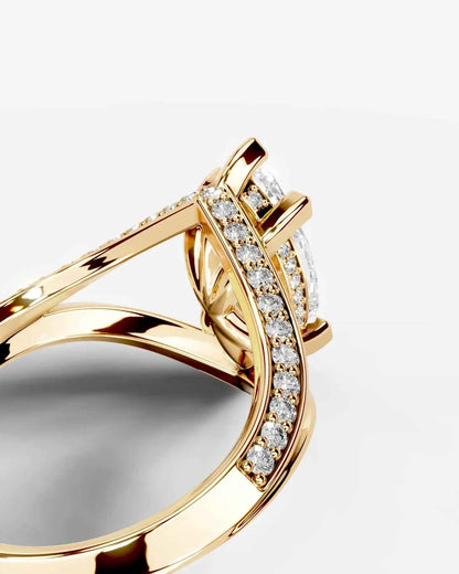 Marquise Cut Lab Diamond Engagement Ring with fancy split shank pave band and hidden halo| D VS1