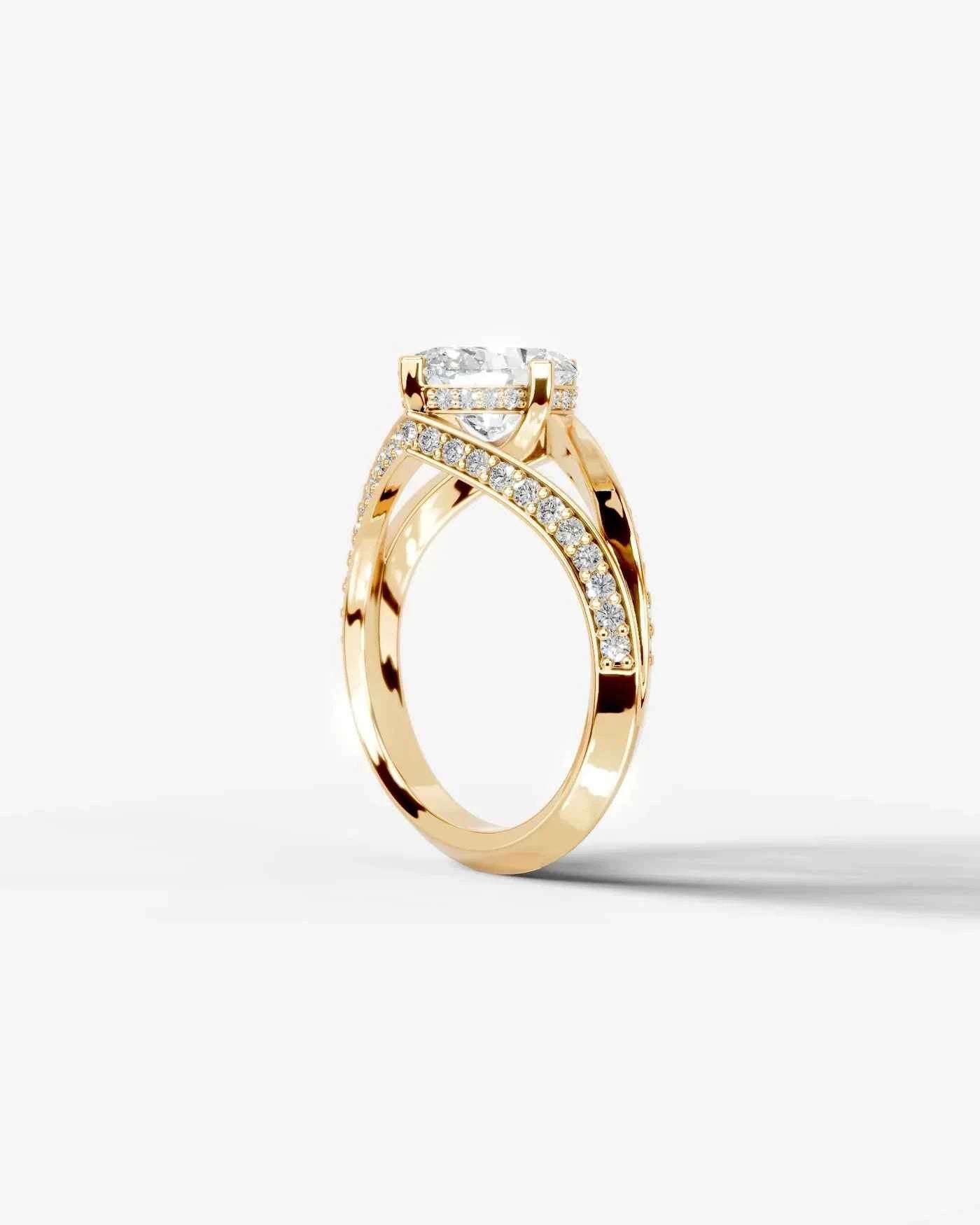 Oval Cut Lab Diamond Engagement Ring with fancy split shank pave band and hidden halo| D VS1