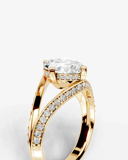 Oval Cut Lab Diamond Engagement Ring with fancy split shank pave band and hidden halo| D VS1