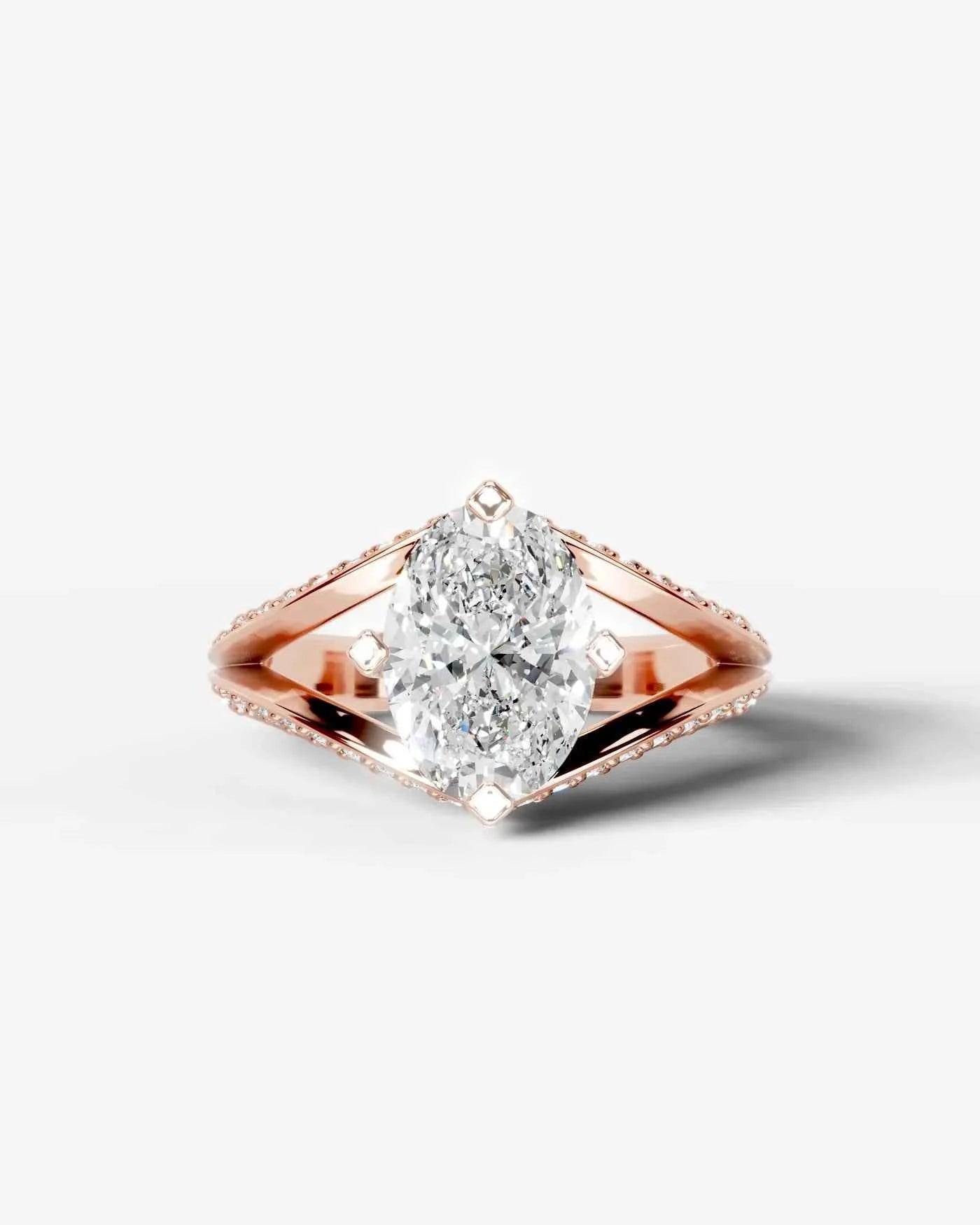 Oval Cut Lab Diamond Engagement Ring with fancy split shank pave band and hidden halo| D VS1