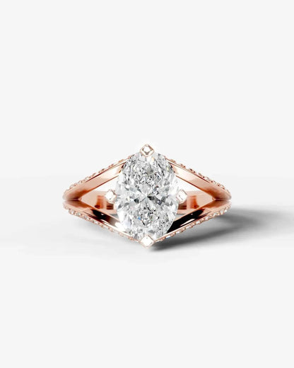 Oval Cut Lab Diamond Engagement Ring with fancy split shank pave band and hidden halo| D VS1