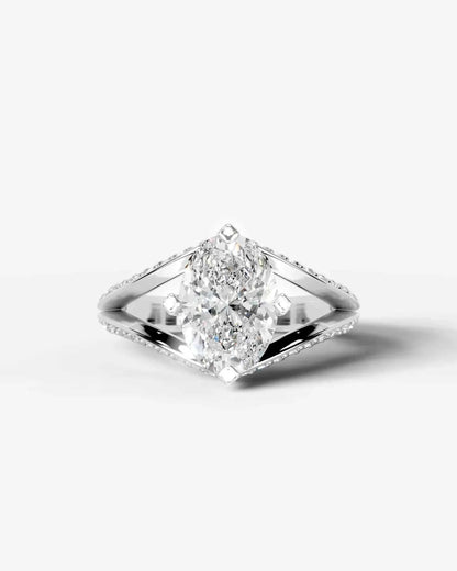 Oval Cut Lab Diamond Engagement Ring with fancy split shank pave band and hidden halo| D VS1