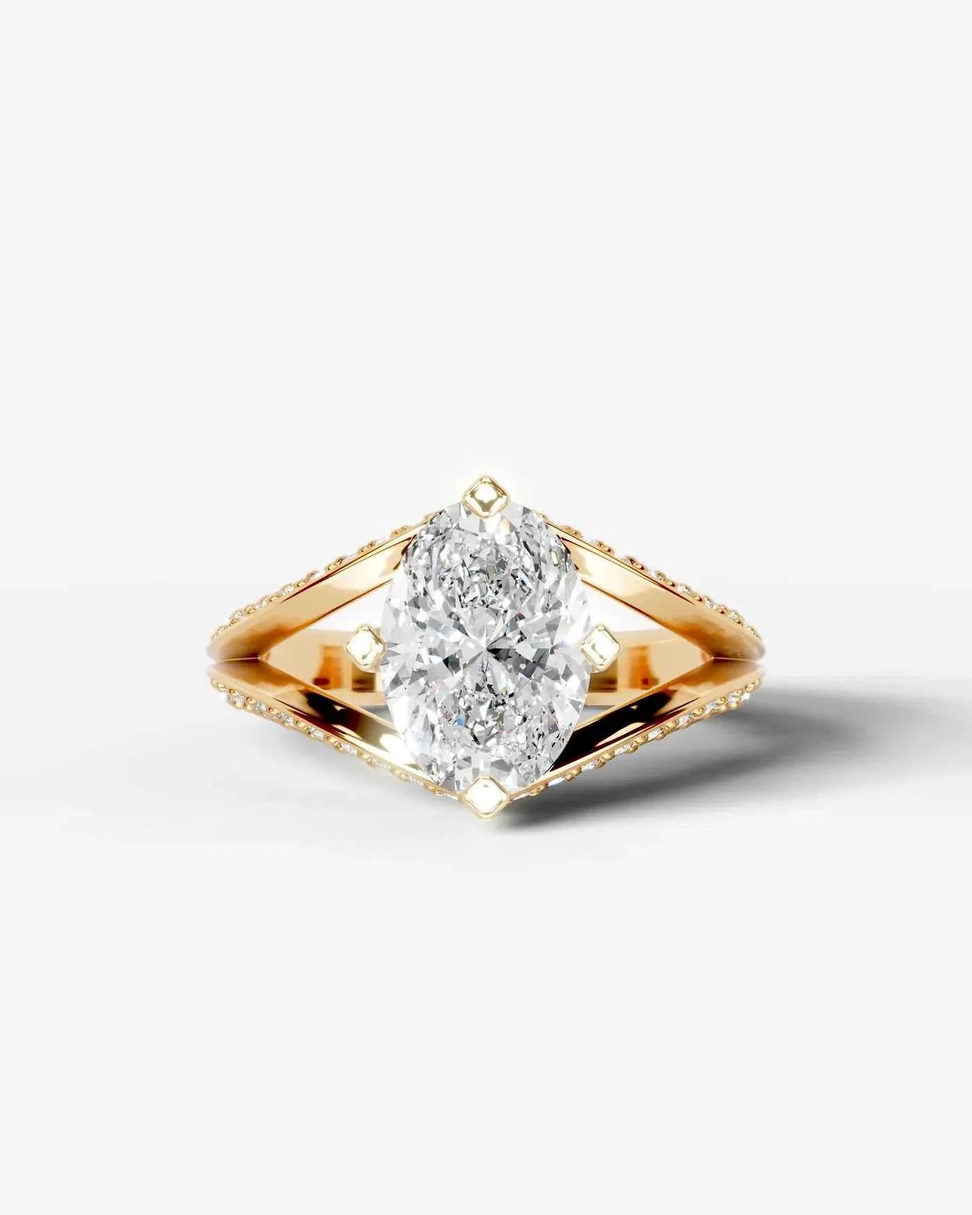 Oval Cut Lab Diamond Engagement Ring with fancy split shank pave band and hidden halo| D VS1