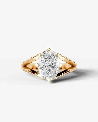 Oval Cut Lab Diamond Engagement Ring with fancy split shank pave band and hidden halo| D VS1
