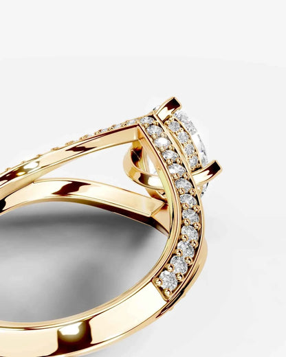 Oval Cut Lab Diamond Engagement Ring with fancy split shank pave band and hidden halo| D VS1