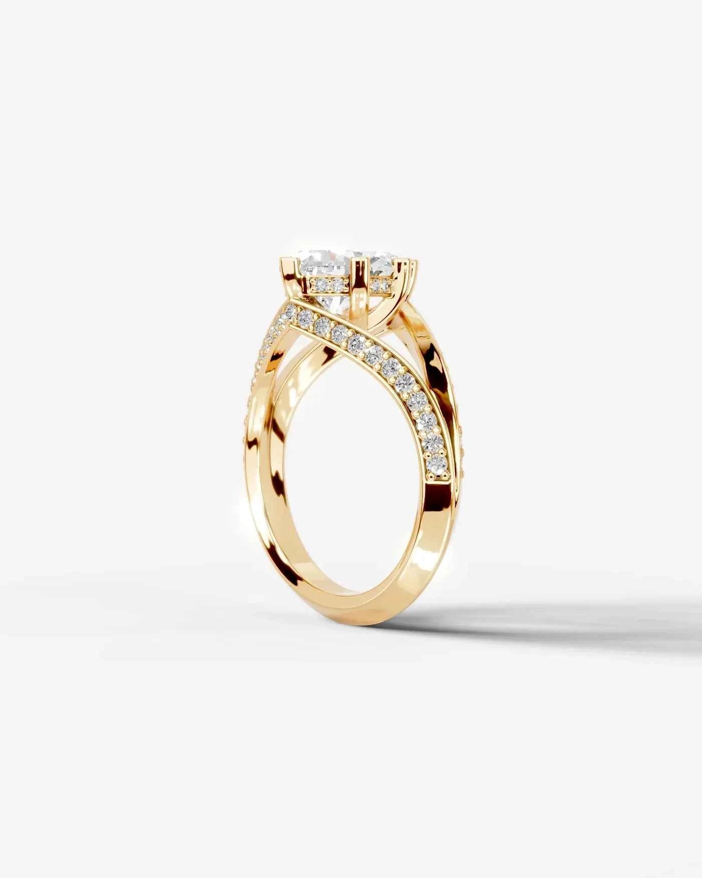 Pear Cut Lab Diamond Engagement Ring with fancy split shank pave band and hidden halo| D VS1