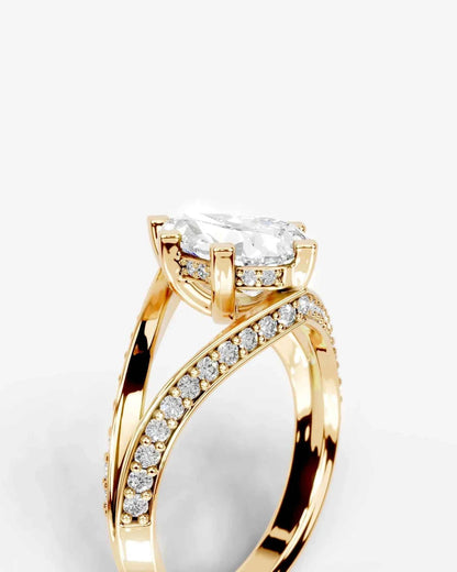 Pear Cut Lab Diamond Engagement Ring with fancy split shank pave band and hidden halo| D VS1