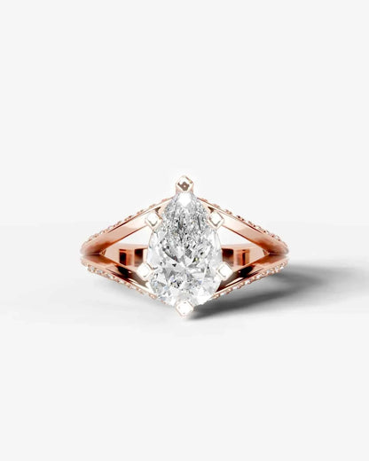 Pear Cut Lab Diamond Engagement Ring with fancy split shank pave band and hidden halo| D VS1