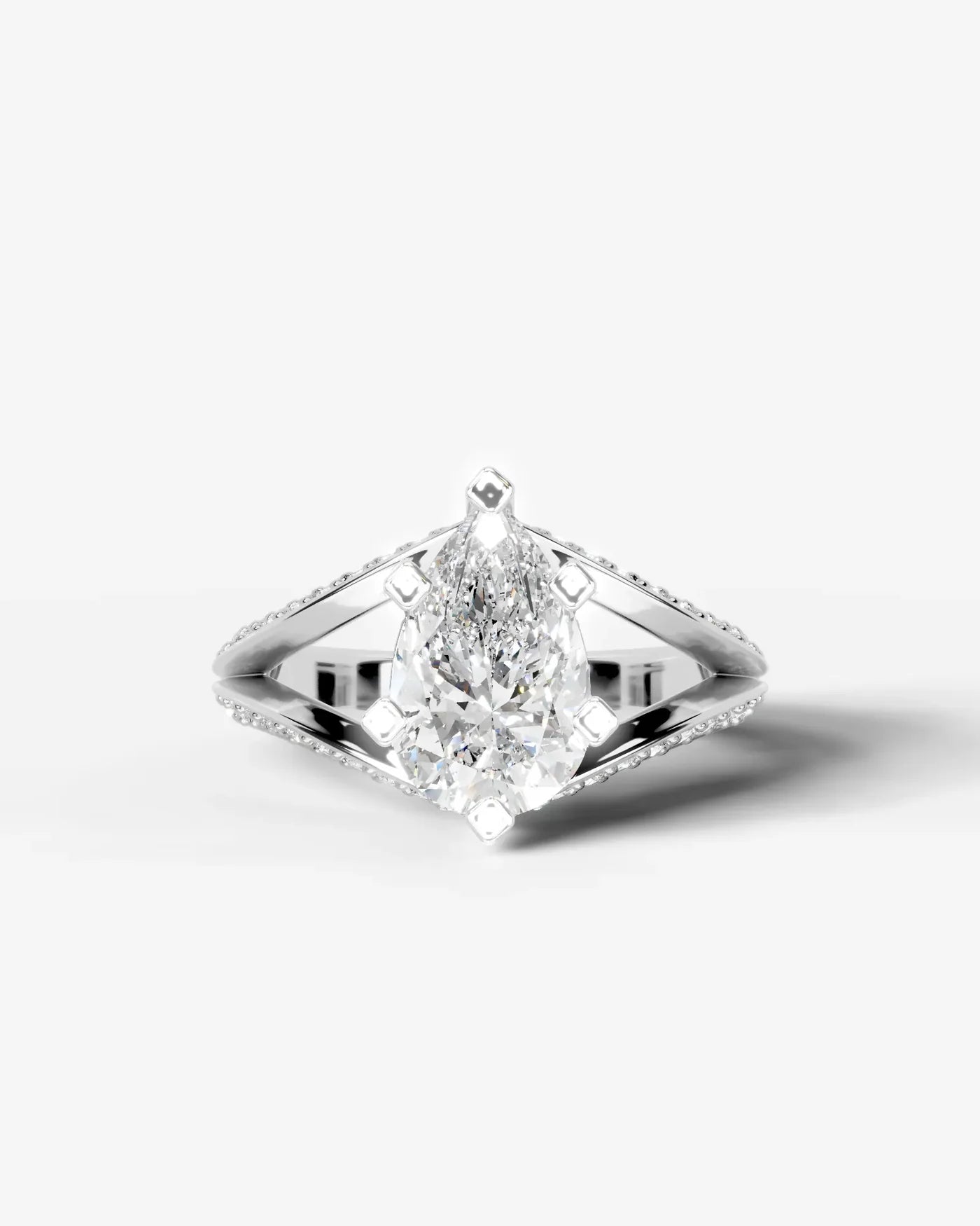 Pear Cut Lab Diamond Engagement Ring with fancy split shank pave band and hidden halo| D VS1
