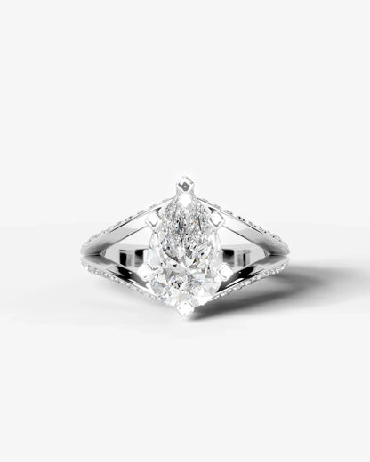 Pear Cut Lab Diamond Engagement Ring with fancy split shank pave band and hidden halo| D VS1