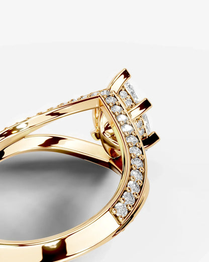 Pear Cut Lab Diamond Engagement Ring with fancy split shank pave band and hidden halo| D VS1