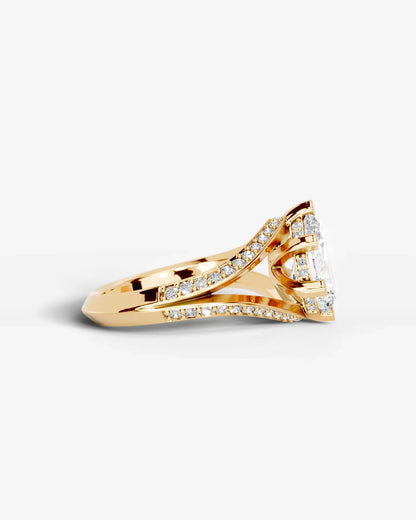 Pear Cut Lab Diamond Engagement Ring with fancy split shank pave band and hidden halo| D VS1
