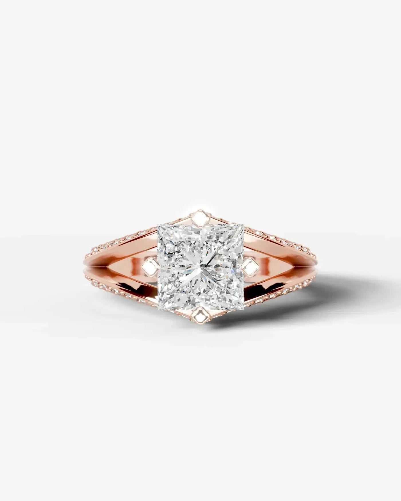 Princess Cut Lab Diamond Engagement Ring with fancy split shank pave band and hidden halo| D VS1