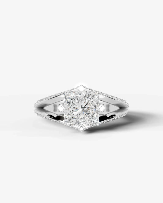 Princess Cut Lab Diamond Engagement Ring with fancy split shank pave band and hidden halo| D VS1