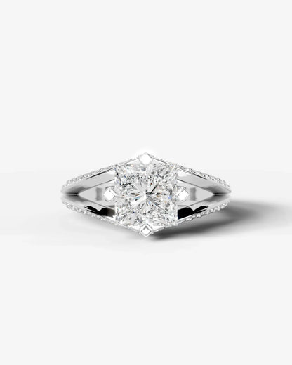 Princess Cut Lab Diamond Engagement Ring with fancy split shank pave band and hidden halo| D VS1