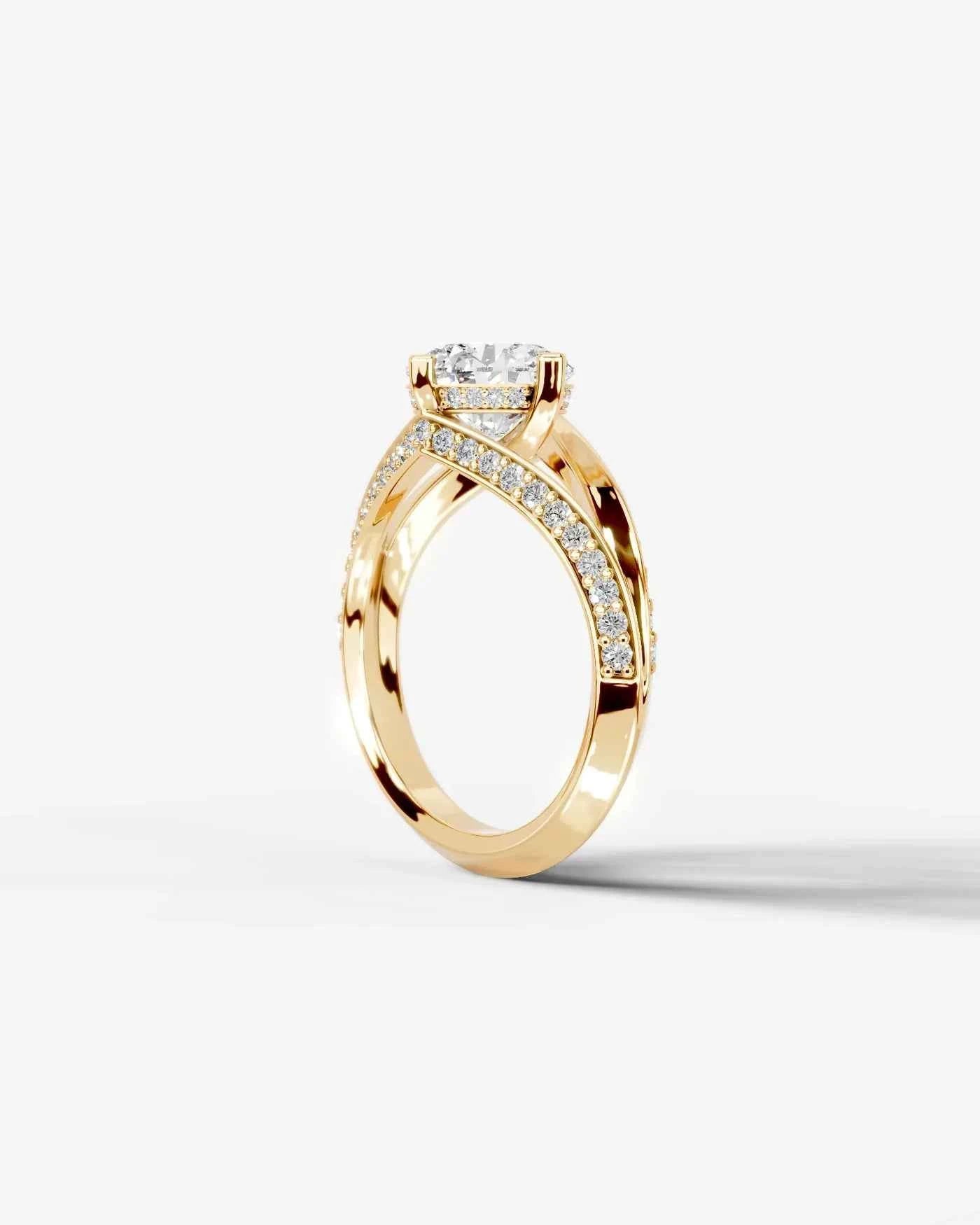 Round Cut Lab Diamond Engagement Ring with fancy split shank pave band and hidden halo| D VS1
