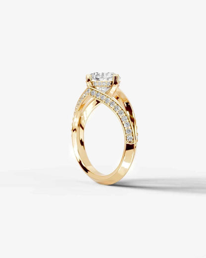 Round Cut Lab Diamond Engagement Ring with fancy split shank pave band and hidden halo| D VS1