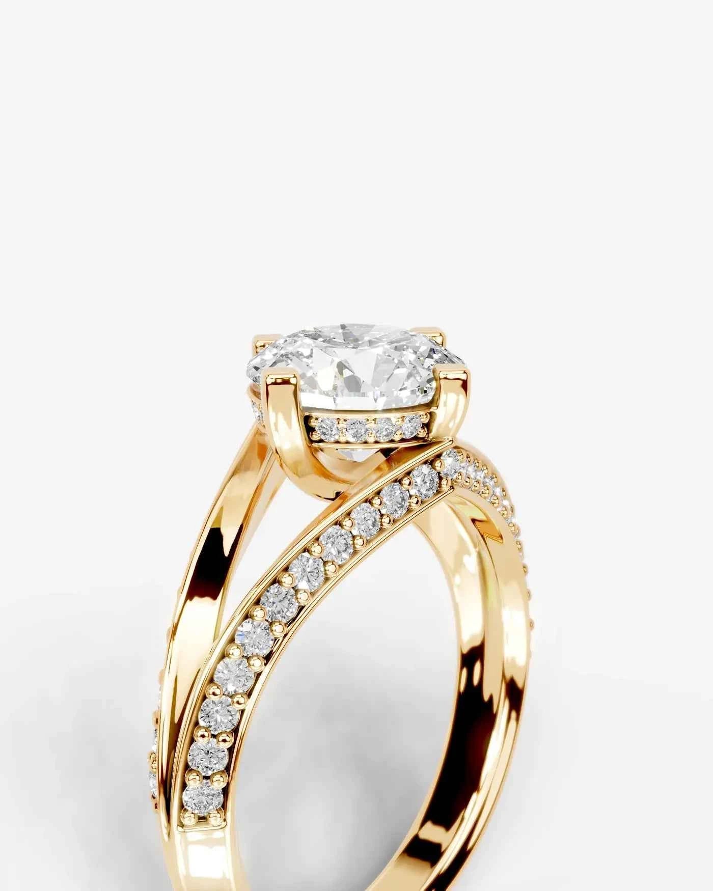 Round Cut Lab Diamond Engagement Ring with fancy split shank pave band and hidden halo| D VS1