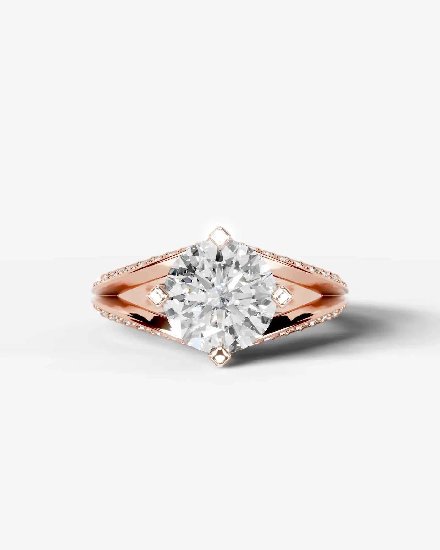 Round Cut Lab Diamond Engagement Ring with fancy split shank pave band and hidden halo| D VS1