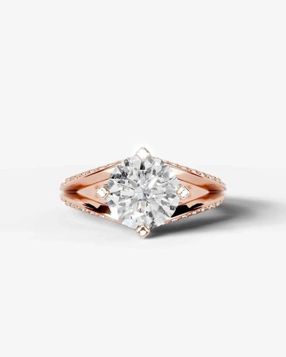 Round Cut Lab Diamond Engagement Ring with fancy split shank pave band and hidden halo| D VS1