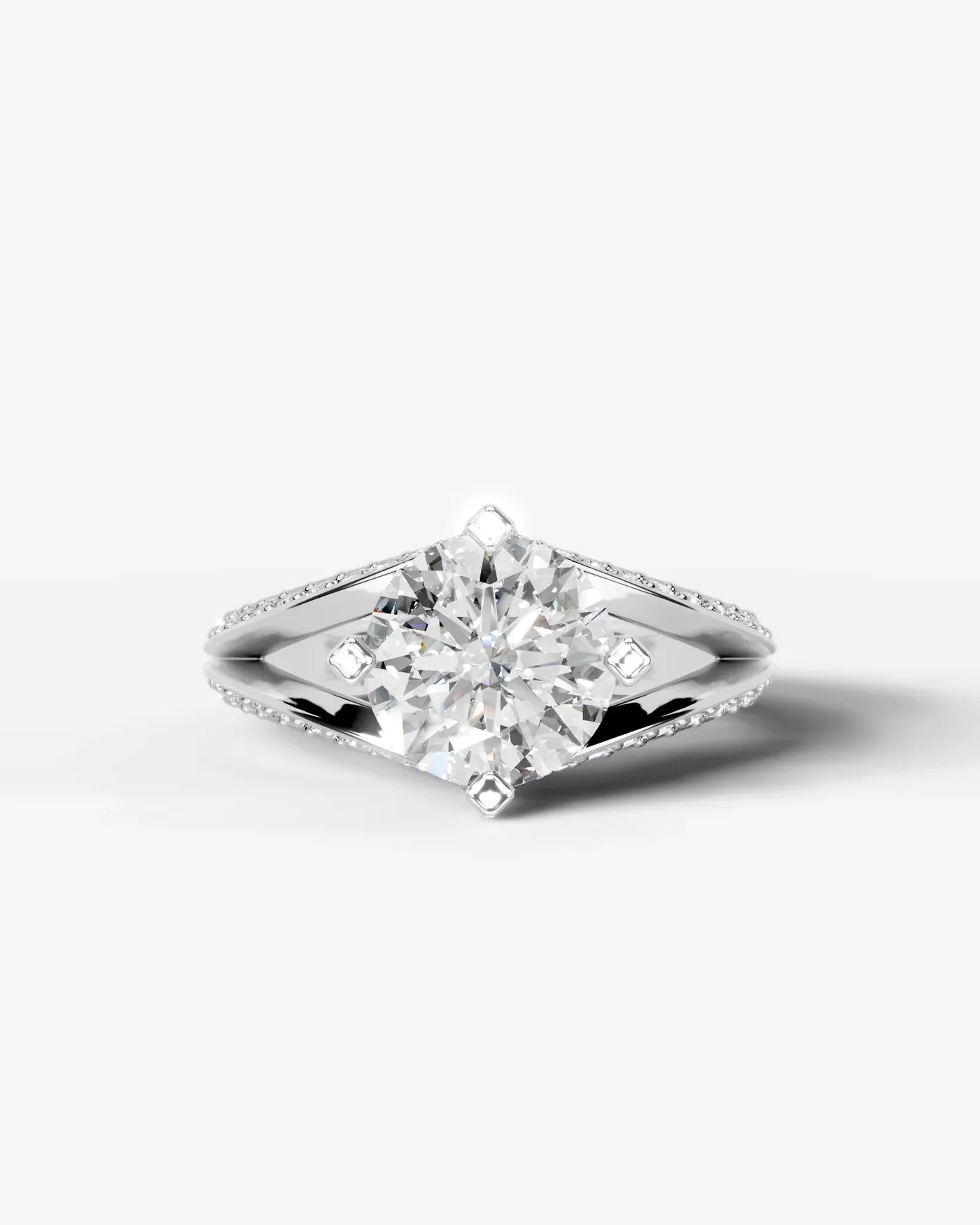 Round Cut Lab Diamond Engagement Ring with fancy split shank pave band and hidden halo| D VS1