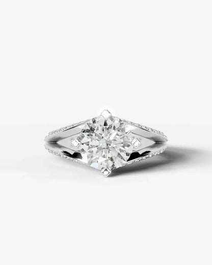Round Cut Lab Diamond Engagement Ring with fancy split shank pave band and hidden halo| D VS1