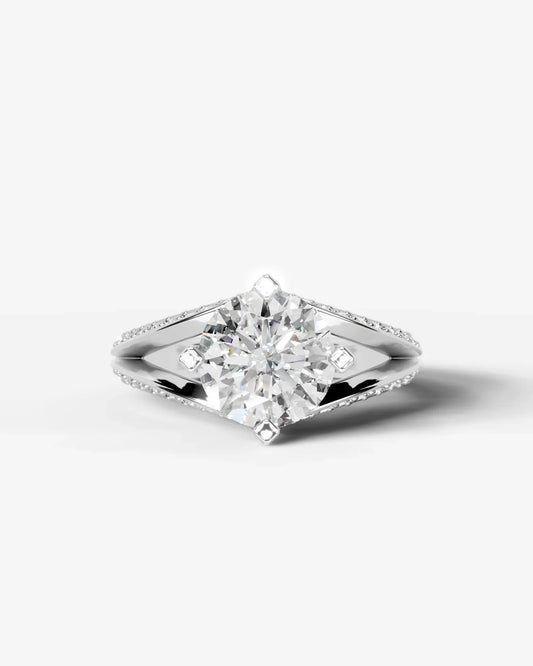 Round Cut Lab Diamond Engagement Ring with fancy split shank pave band and hidden halo| D VS1