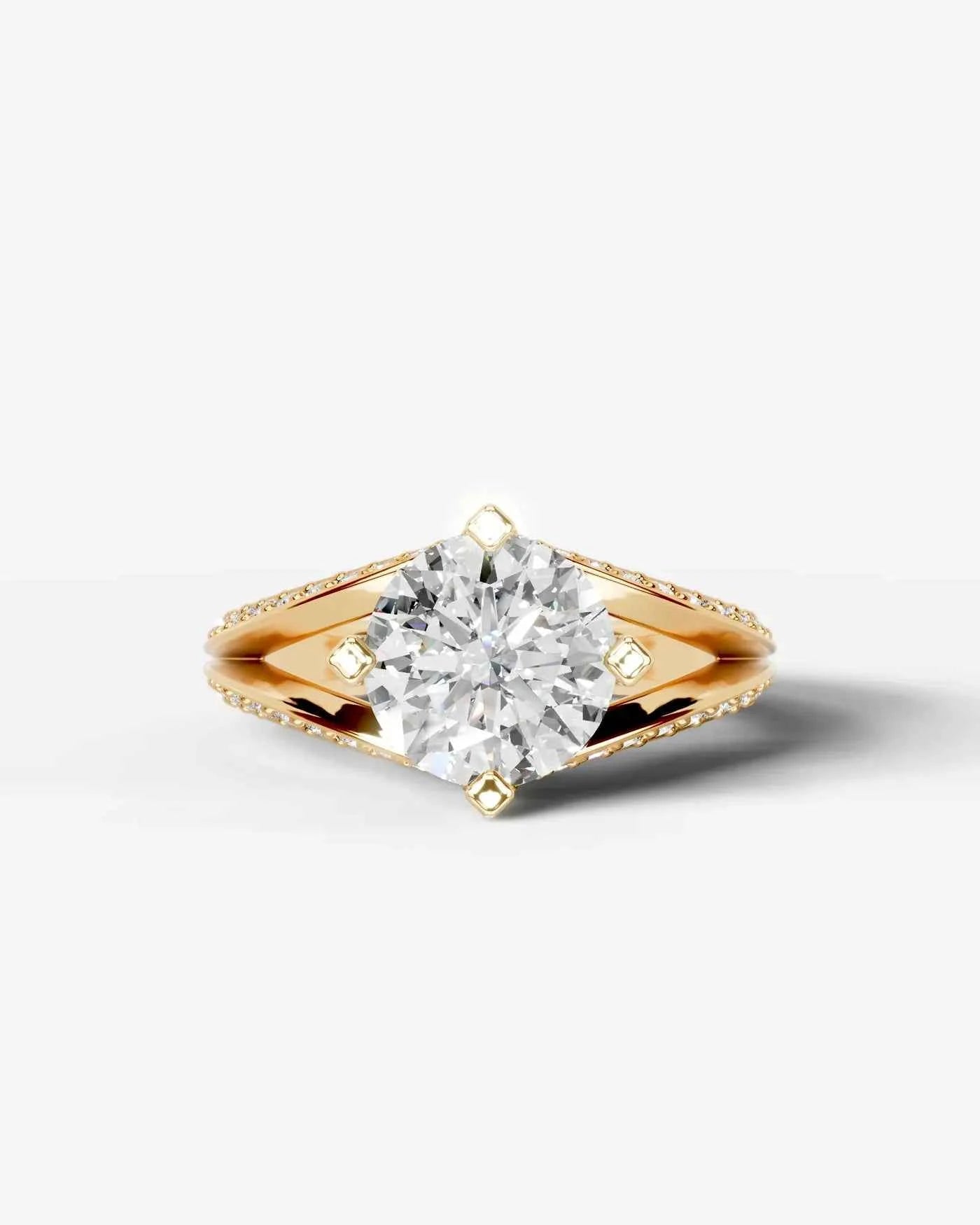 Round Cut Lab Diamond Engagement Ring with fancy split shank pave band and hidden halo| D VS1