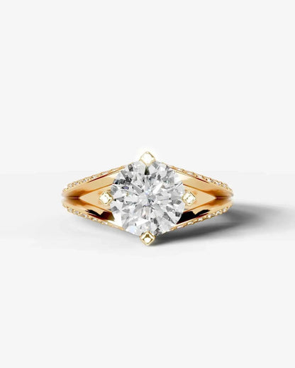 Round Cut Lab Diamond Engagement Ring with fancy split shank pave band and hidden halo| D VS1