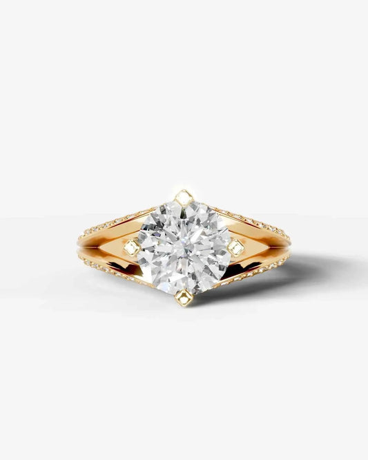 Round Cut Lab Diamond Engagement Ring with fancy split shank pave band and hidden halo| D VS1