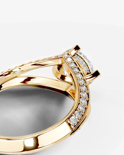 Round Cut Lab Diamond Engagement Ring with fancy split shank pave band and hidden halo| D VS1