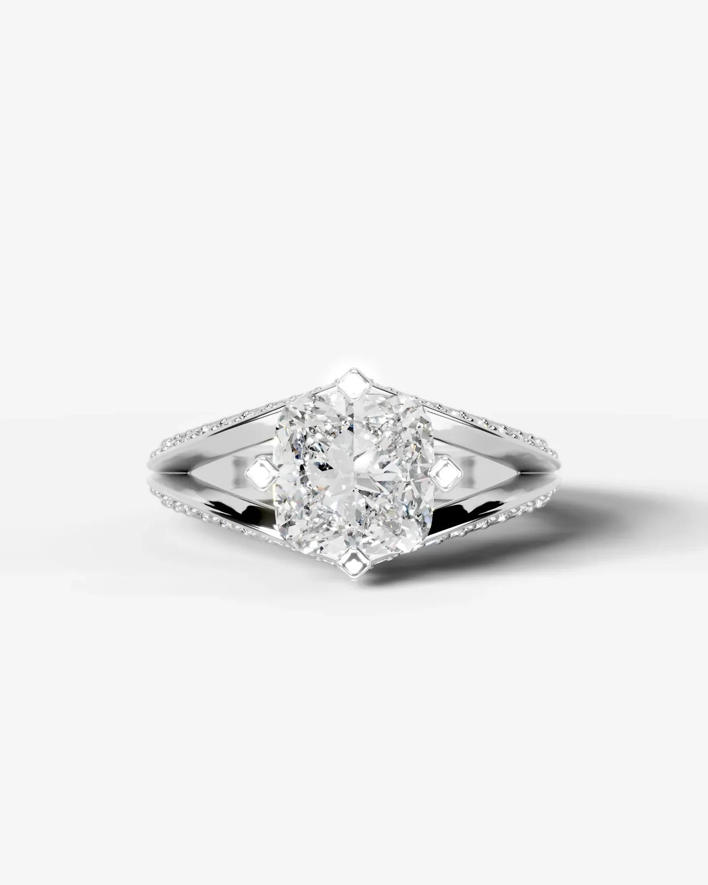 Cushion Cut Lab Diamond Engagement Ring with fancy split shank pave band and hidden halo| D VS1