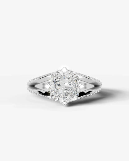 Cushion Cut Lab Diamond Engagement Ring with fancy split shank pave band and hidden halo| D VS1
