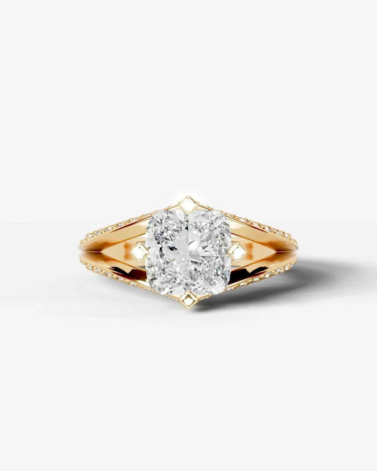 Cushion Cut Lab Diamond Engagement Ring with fancy split shank pave band and hidden halo| D VS1