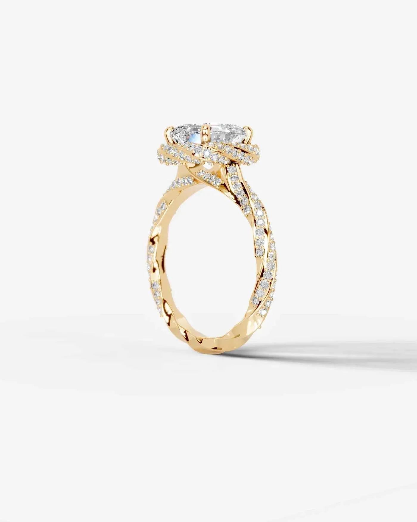 Asscher Cut Lab Diamond Engagement Ring with double halo and twisted pave band| D VS1
