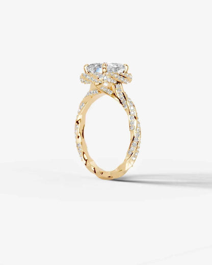 Asscher Cut Lab Diamond Engagement Ring with double halo and twisted pave band| D VS1