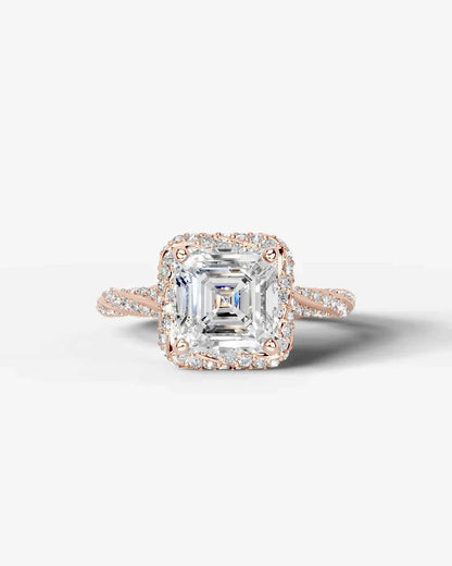Asscher Cut Lab Diamond Engagement Ring with double halo and twisted pave band| D VS1