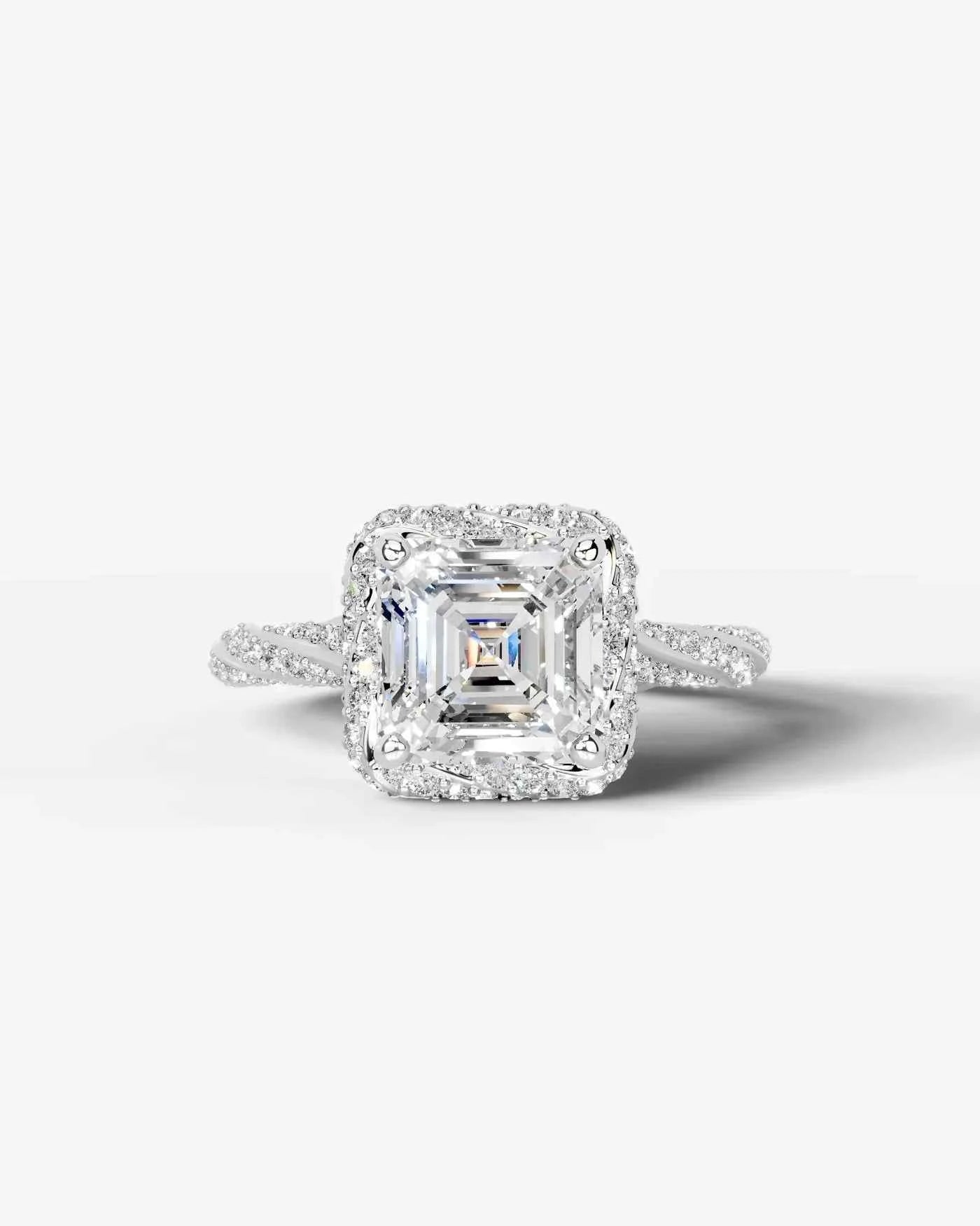 Asscher Cut Lab Diamond Engagement Ring with double halo and twisted pave band| D VS1